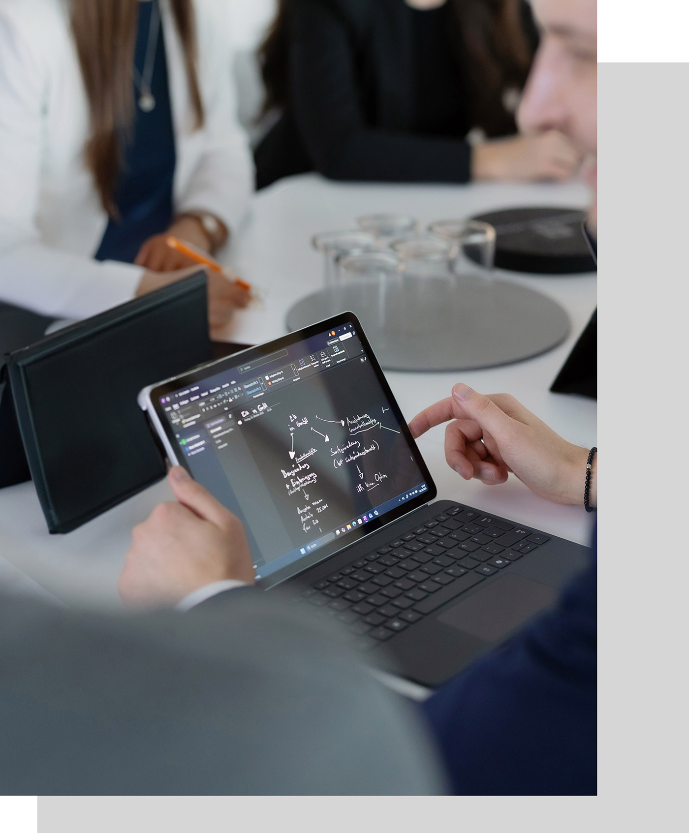 Detailansicht eines Tablets während einer Besprechung, auf dem Tablet sind schematisch Strukturen und Abläufe skizziert, Darstellung einer Verfahrensdokumentation