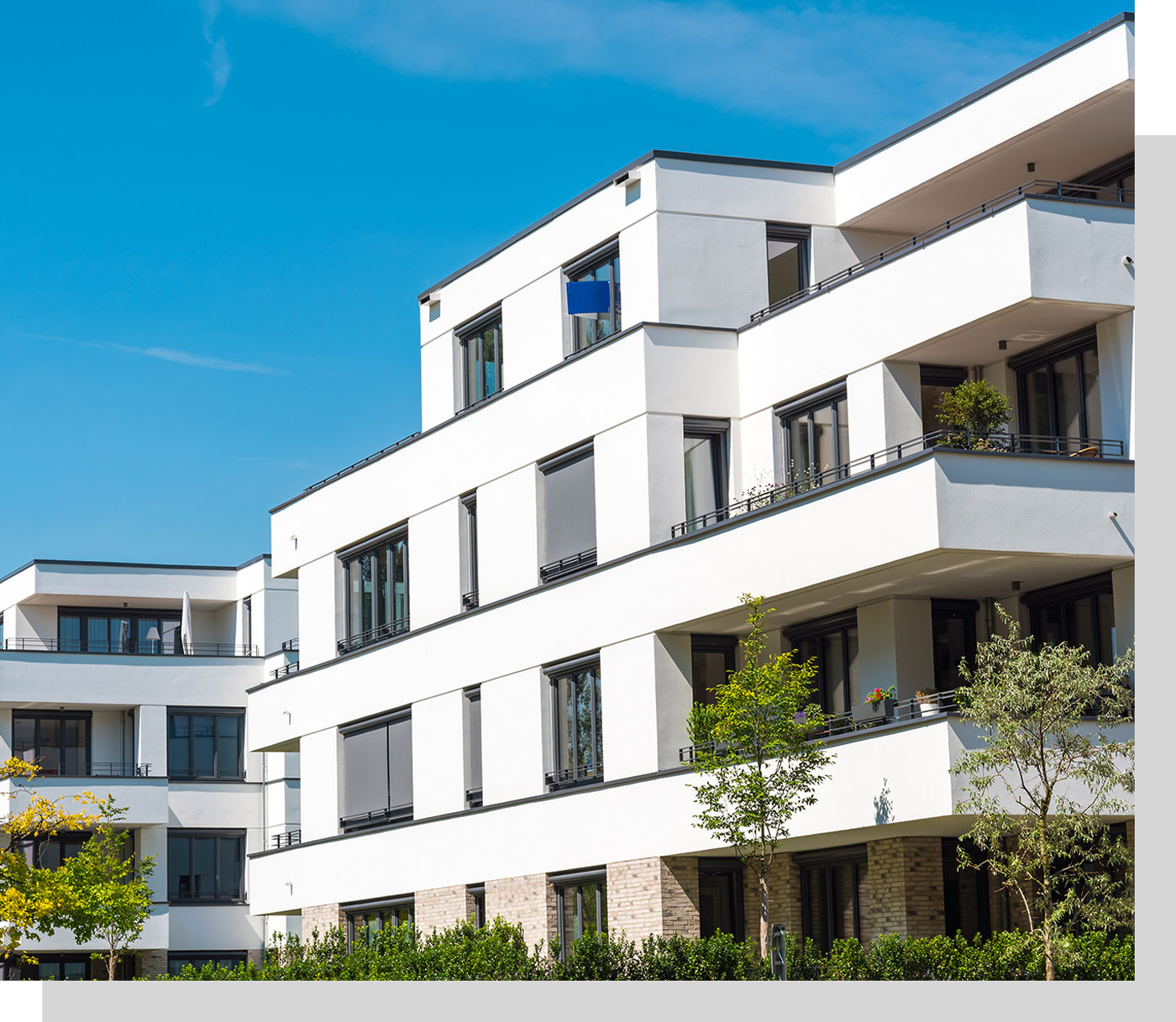 Moderne Mehrfamilienhäuser mit weißer Putzfassade, Balkonen und Bäumen
